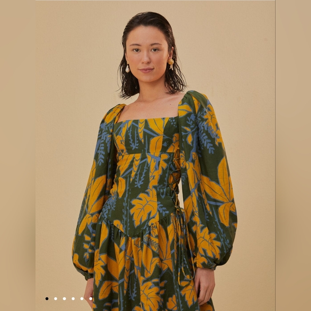FARM Rio Green Foliage Sketch Lenzing Ecovero Euroflax Mini Dress NWT